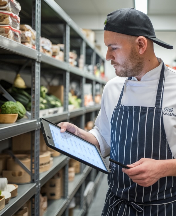 Koch mit Tablet im Kühlhaus